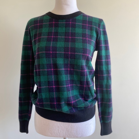 J.Crew Teddie Sweater XS • Cotton Crewneck • Preppy Plaid Green Blue Pink - Picture 5 of 9
